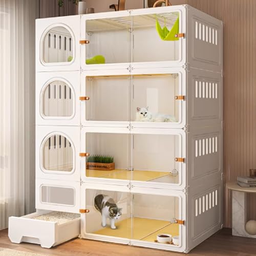 Katzenkäfig, Catio-Katzengehege for den Innenbereich, geschlossener Katzenlaufstall, Katzenkiste mit geschlossener Katzentoilette for Frettchen, Chinchilla, Kaninchen, Kleintiere(White,106x46x141cm) von QBGJDOGE