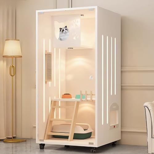 Katzenkäfig, Katzenhaus, Katzenlaufstall mit Deckel, geschlossener Katzenlaufstall, Katzengehege for den Innenbereich mit Universalrädern mit Licht for die Fütterung im Freien(White,60x60x90cm) von QBGJDOGE
