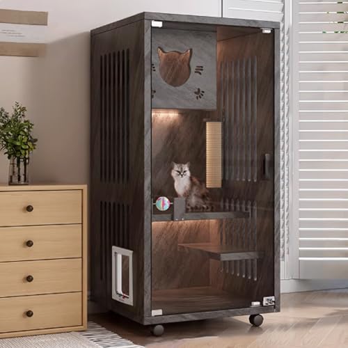 Katzenkäfig Holz, Catio Katzengehege for den Innenbereich, Geschlossener Katzenlaufstall, Katzenkiste mit Rädern und Katzenkratzbaum for Frettchen, Chinchilla, Kleintiere(Black,60x60x120cm) von QBGJDOGE