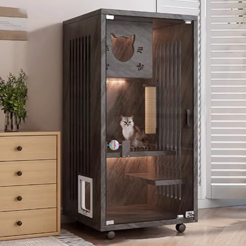Katzenkäfig Holz, Catio Katzengehege for den Innenbereich, Geschlossener Katzenlaufstall, Katzenkiste mit Rädern und Katzenkratzbaum for Frettchen, Chinchilla, Kleintiere(Black,60x60x90cm) von QBGJDOGE