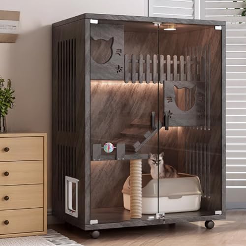 Katzenkäfig Holz, Catio Katzengehege for den Innenbereich, Geschlossener Katzenlaufstall, Katzenkiste mit Rädern und Katzenkratzbaum for Frettchen, Chinchilla, Kleintiere(Black,90x60x120cm) von QBGJDOGE