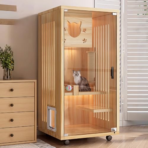 Katzenkäfig Holz, Catio Katzengehege for den Innenbereich, Geschlossener Katzenlaufstall, Katzenkiste mit Rädern und Katzenkratzbaum for Frettchen, Chinchilla, Kleintiere(Natural,60x60x90cm) von QBGJDOGE