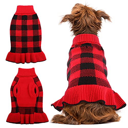 Haustier-Pullover für kleine und mittelgroße Hunde, Strickwaren, warmer Rollkragenpullover für Welpen, niedliches Karomuster, Kleid mit Leinenloch, Weihnachtskleidung (groß, rot) von QBLEEV