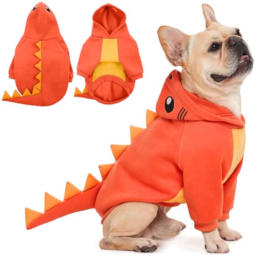 QBLEEV Dinosaurier-Kostüm für Hunde, Halloween-Kostüm mit Kapuze, warmer Winterpullover für kaltes Wetter, lustiger Party-Cosplay-Mantel, Pullover, weiches Strick-Haustier-Outfit für kleine von QBLEEV