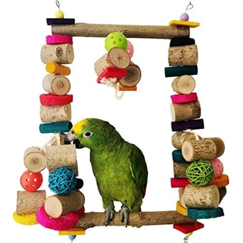 QBLEEV Extra große Vogel-Kauschaukel mit bunten Rattan-Kugeln und natürlich gefärbten Holzblöcken für mittelgroße und große Papageien, Metallhaken zum einfachen Platzieren auf dem Vogelkäfig oder QBLEEV Extra große Vogel-Kauschaukel mit bunten Rattan-Kugeln und natürlich gefärbten Holzblöcken für mittelgroße und große Papageien, Metallhaken zum einfachen Platzieren auf dem Vogelkäfig oder von QBLEEV