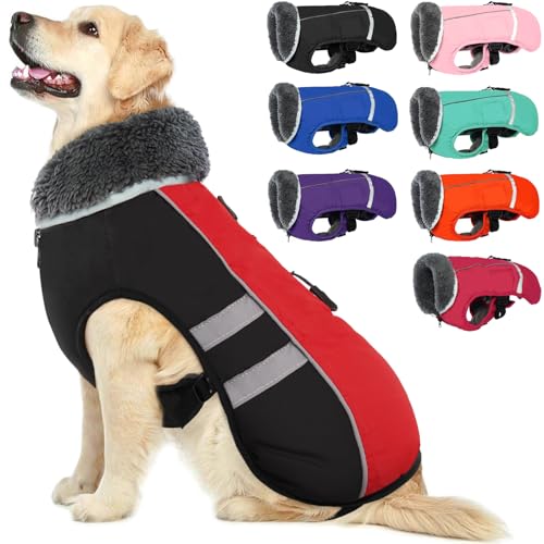 Warmer Hundemantel, reflektierend, wasserdicht, winddicht, Rollkragen-Kleidung für kaltes Wetter, dickes Fleecefutter, verstellbare Haustierweste für kleine, mittelgroße und große Hunde von QBLEEV