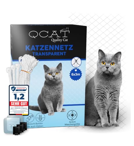 QCAT 7in1 Katzennetz für Balkon | universell, ohne Bohren, reißfest, Anpassungsfähig | Balkonnetz Fensterschutz Katzengitter Katzenschutz f. Katzen f. Fenster Balkon Terrasse (6x3m, transparent) von QCAT QualityCat