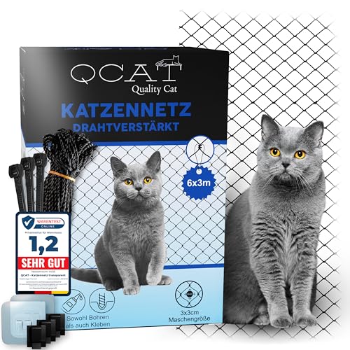 QCAT 7in1 Katzennetz für Balkon [EXTRA DRAHTVERSTÄRKT] | Universell, ohne Bohren, Anpassungsfähig | Balkonnetz, Fensterschutz, Katzengitter, Katzenschutz f. Katzen f. Fenster Balkon (6x3m, Schwarz) von QCAT QualityCat