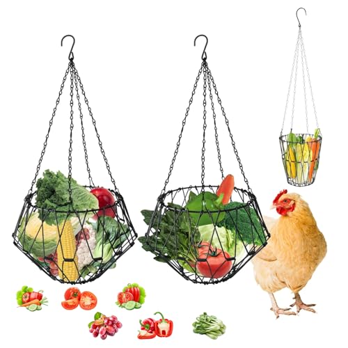 QCBF Hängender Hühner-Futterspender – Faltbarer Futterkorb für Geflügel, Gemüse und Obst, mit verstellbarer Kette, langlebiges Eisendraht, Hühnerspielzeug für Stall, 2 Stück, M von QCBF