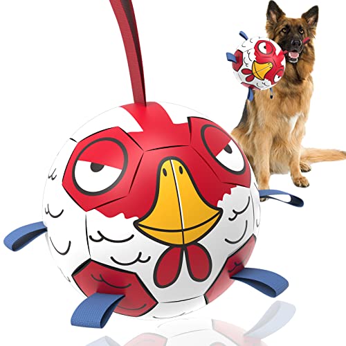 QDAN Huhn-Hundespielzeug, Fußball mit Riemen, interaktives Spielzeug zum Tauziehen, Welpengeburtstagsgeschenke, Wasserspielzeug, langlebige Bälle für Hunde (20,3 cm) von QDAN