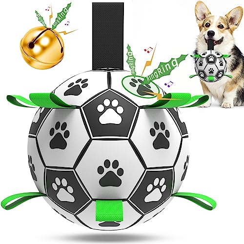 QDAN Hunde-Fußballbälle mit Glocke innen, interaktives Hundespielzeug für Tauziehen, langlebige Seile, quietschender Fußball-Hundeball für kleine und mittelgroße Hunde (15.2 cm) von QDAN