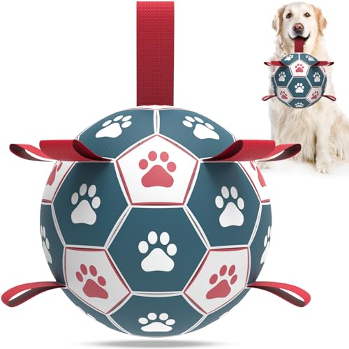QDAN Extra großer Fußball mit Riemen, interaktives Hundespielzeug zum Tauziehen, Welpengeburtstag & Wasserspielzeug, große Hundebälle – Blau und Rot (22,9 cm) von QDAN