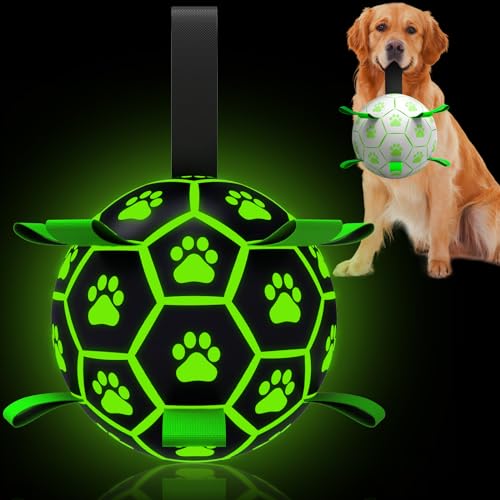 QDAN Hundespielzeug, leuchtet im Dunkeln, Fußball mit Riemen, interaktives Hundespielzeug, Welpen, Hundespielzeug, beleuchtete Hundebälle für kleine und mittelgroße Hunde (20.3 cm) von QDAN