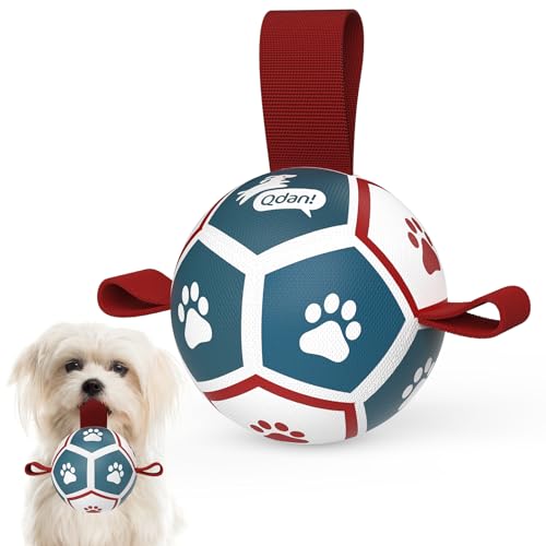 QDAN Kleines Hundespielzeug, Welpenbälle, Hundebälle mit Riemen für kleine Rassen, Fußball für Hunde, Welpenspielzeug, Geburtstagsgeschenk (Blau-Rot, 8,9 cm) von QDAN