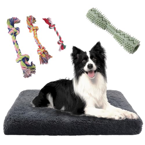 QDXZL Weiches Hundebett,Hundekissen mit Rutschfester Unterseite,tragbar,waschbar- inklusive 3 Rope Spielzeug und Kauknochen,für große, mittlere und kleine,100×60cm(dunkelgrau, XL) von QDXZL