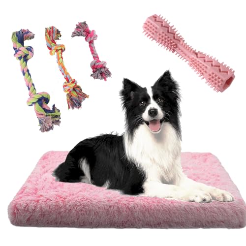 QDXZL Weiches Hundebett,Hundekissen mit Rutschfester Unterseite,tragbar,waschbar- inklusive 3 Rope Spielzeug und Kauknochen,für große, mittlere und kleine,100×60cm (rosa-weiß, XL) von QDXZL