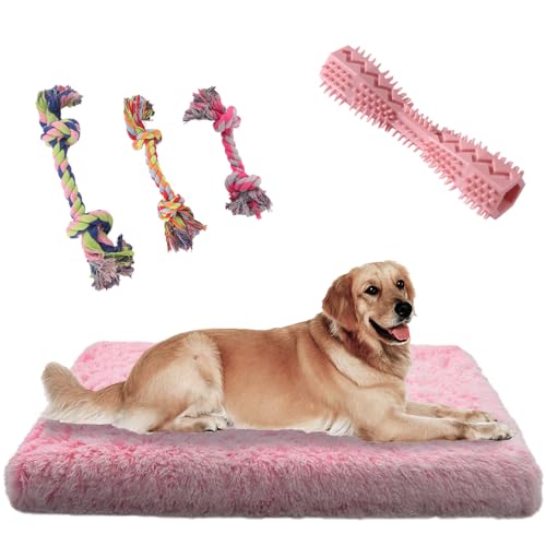 QDXZL Weiches Hundebett,Hundekissen mit Rutschfester Unterseite,tragbar,waschbar- inklusive 3 Rope Spielzeug und Kauknochen,für große, mittlere und kleine,120×80cm(rosa-weiß, XXL) von QDXZL