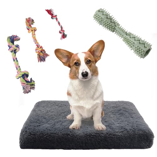 QDXZL Weiches Hundebett,Hundekissen mit Rutschfester Unterseite,tragbar,waschbar- inklusive 3 Rope Spielzeug und Kauknochen,für große, mittlere und kleine,75×50cm (dunkelgrau, L) von QDXZL