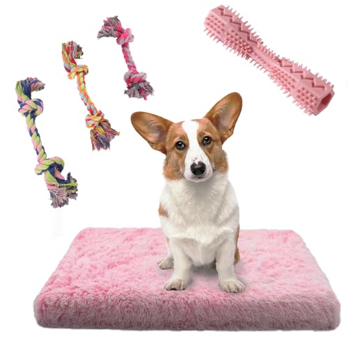 QDXZL Weiches Hundebett,Hundekissen mit Rutschfester Unterseite,tragbar,waschbar- inklusive 3 Rope Spielzeug und Kauknochen,für große, mittlere und kleine,75×50cm (rosa-weiß, L) von QDXZL