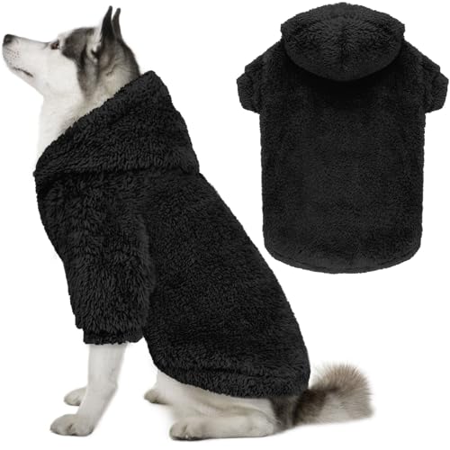 Fuzzy Hundepullover für große Hunde, weicher doppelseitiger Plüsch-Fleece, Haustierpullover, Kleidung, Mäntel, Haustier-Kapuzenpullover, Sherpa-Kapuzen-Sweatshirt (Schwarz, Größe XL) von QDYU