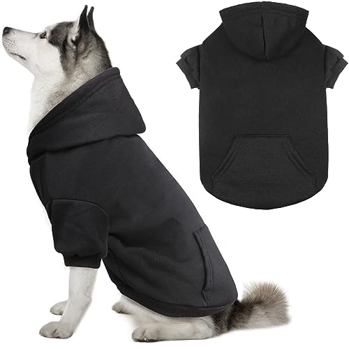 QDYU Hunde-Kapuzenpullover für große Hunde, einfarbig, weich, gebürstetes Fleece, Hunde-Kapuzenpullover mit Tasche (Schwarz, Größe XXL) von QDYU