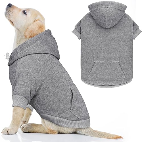 QDYU Hunde-Kapuzenpullover für große Hunde, einfarbig, weich, gebürstetes Fleece, Hunde-Kapuzenpullover mit Tasche (Grau, Größe L) von QDYU