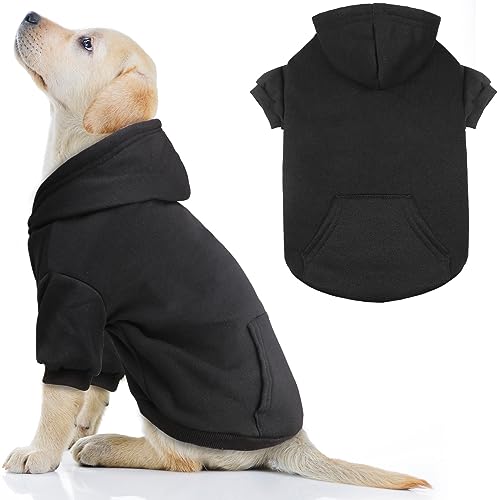 QDYU Hunde-Kapuzenpullover für große Hunde, weich, einfarbig, gebürstetes Fleece, Hunde-Kapuzenpullover mit Tasche (Schwarz, Größe L) von QDYU