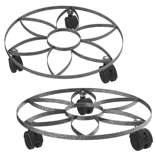 QEENTOE 2 Stück Pflanzenroller Rund Metall Blumenroller mit Rädern Pflanzen Untersetzer für Außenbereich & Innenbereich Pflanze Caddy Pflanze Roller Basis Metall-Pflanzenständer - Tragkraft 50 KG von QEENTOE