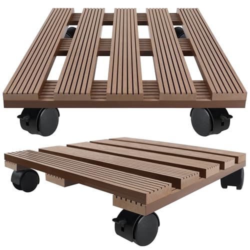 QEENTOE 2X WPC Pflanzenroller Tragkraft 100KG Rollbrett Pflanzen witterungsbestaendig Pflanzenroller für Außen- und Innenbereich Blumenroller Untersetzer Blumentopf mit Rollen - Braun Quadrat von QEENTOE
