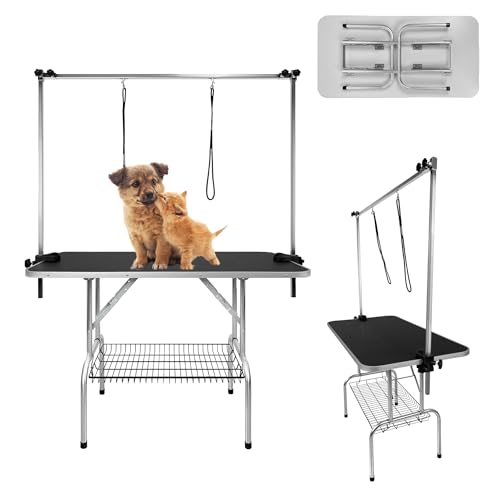 QEENTOE Hundefriseur Tisch Klappbar, Höhenverstellbar - Professioneller Trimmtisch mit Sicherheitsarm&Stauraum - Für Tierpflegesalon & Heimgebrauch, Schwarz-113x60x175cm von QEENTOE