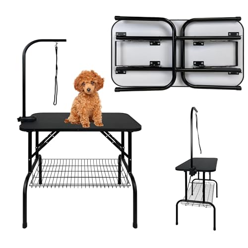 QEENTOE Hundefriseur Tisch Klappbar, Höhenverstellbar - Professioneller Trimmtisch mit Sicherheitsarm&Stauraum - Für Tierpflegesalon & Heimgebrauch, Schwarz-80.5x46x76cm von QEENTOE