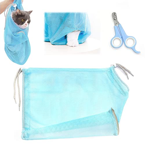 QEEQPF 1 Set Haustier Nagelschere & Katzenpflege Tasche, Netztasche zum Baden Nagelschere Reinigung und Behandlung, Professionelle Katzenschere Kleintier Welpen Nagelschere (blau) von QEEQPF