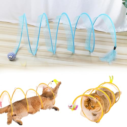 Self Play Cat Hunting Spiral Tunnel Toy, S Type Folded Cat Tunnel Toy, Interactive Cat Coil Toys for Indoor Cats Play Exercise, Decompression Fun Cat Spring Toys for Feline Companion (Ball,Blue) von QEOTOH