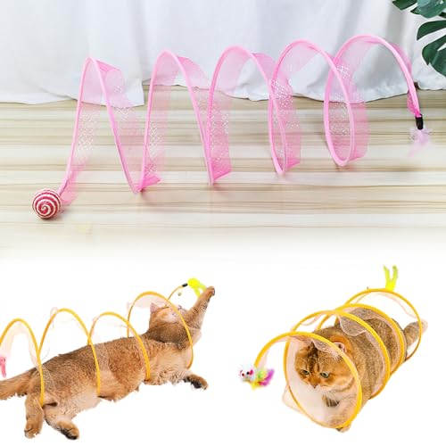 Self Play Cat Hunting Spiral Tunnel Toy, S Type Folded Cat Tunnel Toy, Interactive Cat Coil Toys for Indoor Cats Play Exercise, Decompression Fun Cat Spring Toys for Feline Companion (Ball,Pink) von QEOTOH