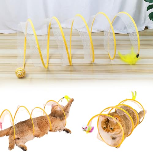 Self Play Cat Hunting Spiral Tunnel Toy, S Type Folded Cat Tunnel Toy, Interactive Cat Coil Toys for Indoor Cats Play Exercise, Decompression Fun Cat Spring Toys for Feline Companion (Ball,Yellow) von QEOTOH