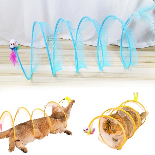 Self Play Cat Hunting Spiral Tunnel Toy, S Type Folded Cat Tunnel Toy, Interactive Cat Coil Toys for Indoor Cats Play Exercise, Decompression Fun Cat Spring Toys for Feline Companion (Mouse,Blue) von QEOTOH