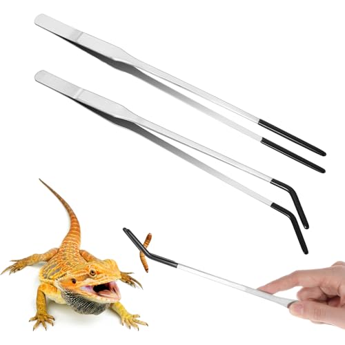 QFGasre Reptilien-Futterzange aus Edelstahl, lange Aquarium-Pinzette mit Gummispitze, 26,9 cm, Bartdrache, Aquarium, gerade und gebogene Pinzette, Terrarium-Futterspender für Aquarien, 2 Stück von QFGasre