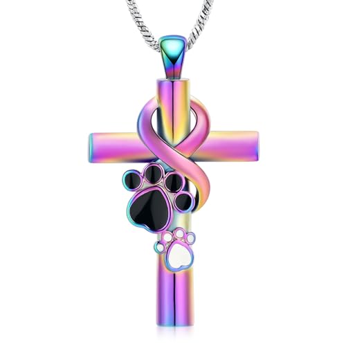 QGJNSGC Pfotenabdruck Kreuz Einäscherungs-Schmuck für Haustier Infinity Cross Urn Halskette für Asche Keepsake Loved One Memorial Schmuck für Hund/Katze Asche (Regenbogen) von QGJNSGC