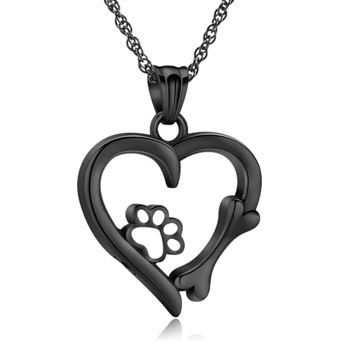 QGJNSGC Pfotenabdruck-Urnen-Halskette mit Herz-Medaillon, Halskette für Asche, Hund, Katze, Katze, Katze, Andenken, Gedenkgeschenke für Frauen und Mädchen (schwarz) von QGJNSGC