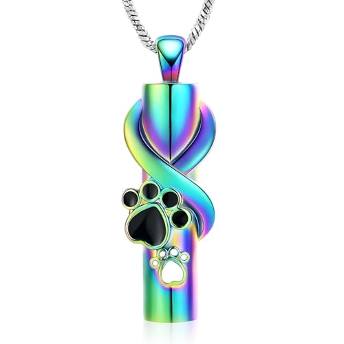 QGJNSGC Urne Halskette für Asche für Hund/Katze Haustier Paw Print Zylinder Asche Anhänger Memorial Keepsake Haustier Einäscherung Schmuck (Regenbogen) von QGJNSGC