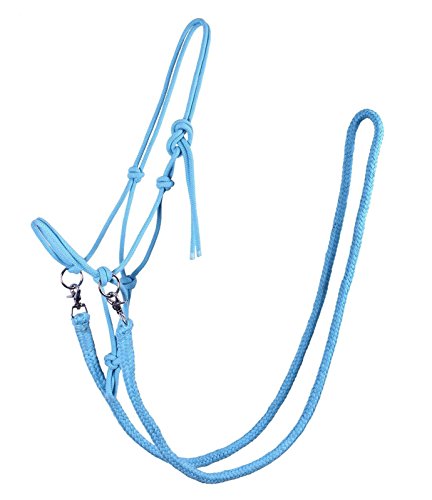 QHP Knotenhalfter mit Zügeln robustes 10 mm dickes Seil (Vollblut, Sky) von QHP