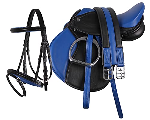 QHP Pony Sattel-Set Leder Sattel 13" Sattelgurt Steigbügel + kombinierte Trense (schwarz-blau) von QHP