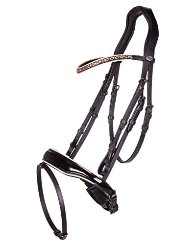 QHP Schwedische Trense Orlando Leder Lackoptik Strass Glitzer (Warmblut, schwarz/beige) von QHP