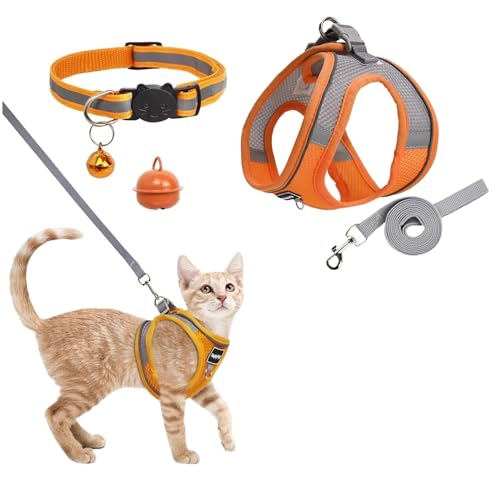 Katzengeschirr, ausbruchsicher, Kätzchen-Geschirr und Leine, verstellbares Kätzchen-Welpengeschirr mit reflektierenden Streifen, Zugseil und Glocke, Zubehör für Welpen, Katzen, für Spaziergänge im Katzengeschirr, ausbruchsicher, Kätzchen-Geschirr und Leine, verstellbares Kätzchen-Welpengeschirr mit reflektierenden Streifen, Zugseil und Glocke, Zubehör für Welpen, Katzen, für Spaziergänge im von QHSXMQ