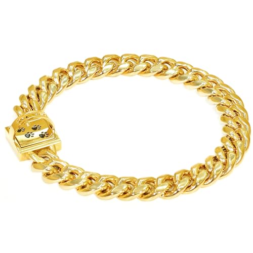 QICHENMAO Goldkette für Hunde, 15 mm, Edelstahl, kubanisches Gliederhalsband mit Design, Sicherheitsschnalle, 18 Karat vergoldete Metallkette, Training, Spazierengehen, Halsband für große, mittelgroße QICHENMAO Goldkette für Hunde, 15 mm, Edelstahl, kubanisches Gliederhalsband mit Design, Sicherheitsschnalle, 18 Karat vergoldete Metallkette, Training, Spazierengehen, Halsband für große, mittelgroße von QICHENMAO