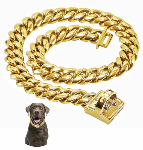QICHENMAO Goldketten-Hundehalsband, 15 mm, Edelstahl, kubanische Gliederkette, Halsband mit sicherem Schnallen-Design, Metall-Halsbänder, kaufest, geeignet für kleine, mittelgroße und große Hunde QICHENMAO Goldketten-Hundehalsband, 15 mm, Edelstahl, kubanische Gliederkette, Halsband mit sicherem Schnallen-Design, Metall-Halsbänder, kaufest, geeignet für kleine, mittelgroße und große Hunde von QICHENMAO
