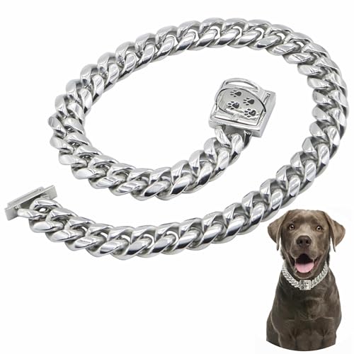 QICHENMAO Hundehalsband, kubanisches Gliederkettenhalsband mit sicherem Schnallen-Design, 15 mm, Edelstahl, Metall, kaufest, geeignet für kleine, mittelgroße und große Hunde (Silber, 61 cm) von QICHENMAO