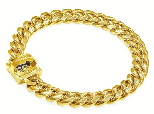 QICHENMAO Strapazierfähiges Hundehalsband mit kubanischer Gliederkette, 15 mm, goldfarben/silber, Edelstahl, Metall, mit niedlicher, sicherer Schnalle, kaufest, für große, mittelgroße und kleine Hunde QICHENMAO Strapazierfähiges Hundehalsband mit kubanischer Gliederkette, 15 mm, goldfarben/silber, Edelstahl, Metall, mit niedlicher, sicherer Schnalle, kaufest, für große, mittelgroße und kleine Hunde von QICHENMAO