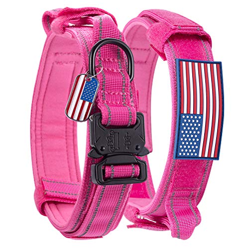 Hundehalsband Taktisch Stark reflektierend Militär Haustier Halsband Nylon mit einem Amerikanischen Flagge Patch und Anhänger K9 Metallschnalle Kontrollgriff für XL Pink von QIFBYFB