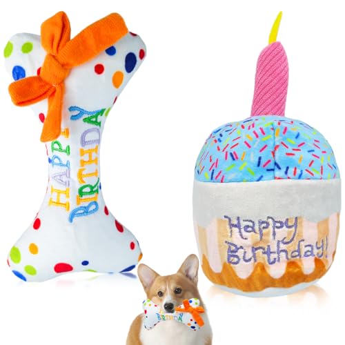 QIMMU Hund Geburtstag Spielzeug, Hundegeburtstag Plüschtier Knochen, Hund Geburtstag Geschenk, Weich Plüsch-Quietschspielzeug für Hunde Haustiere (2PCS) von QIMMU